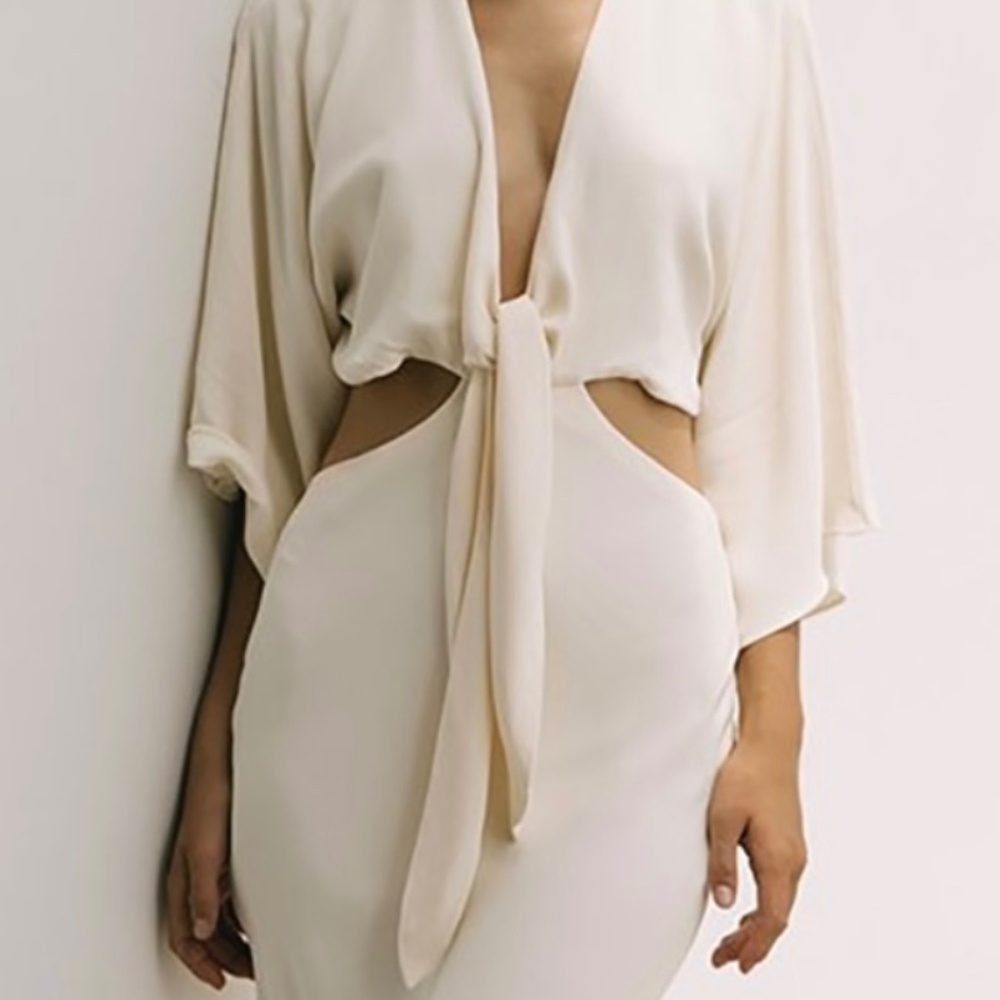 NWT Shona Joy La Lune Tie Front Bias Midi Dress- eggshell white